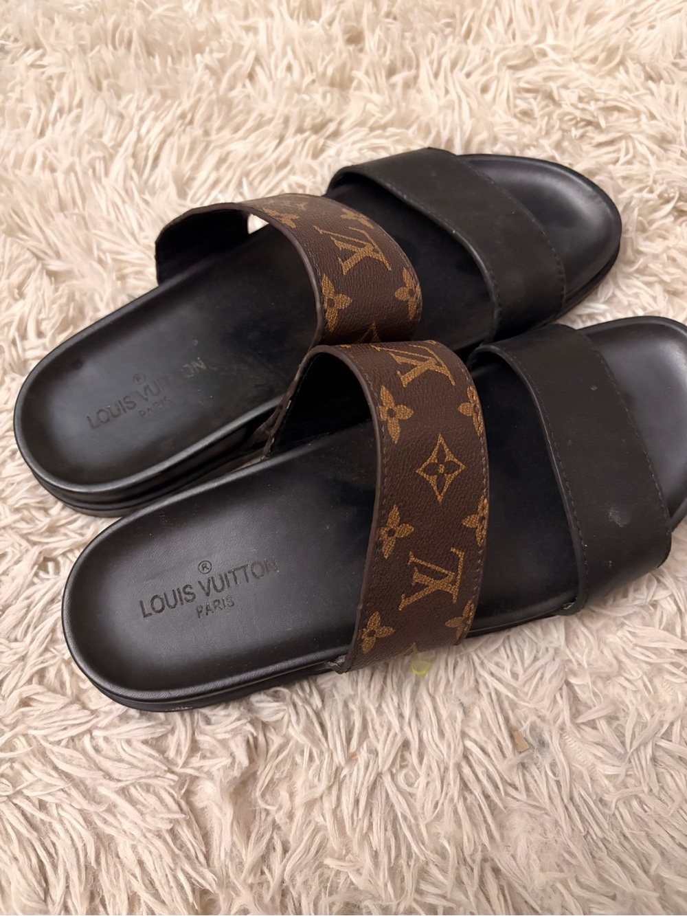 Louis Vuitton Men Monogram Brown and Black Leather Dual-Strap Slide Sandals - Picture 3 of 4